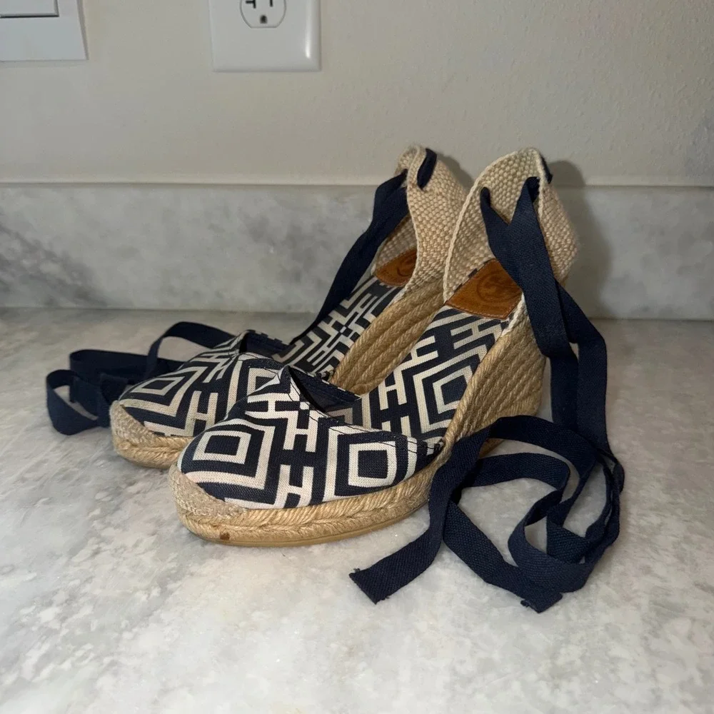 Tory Burch Navy Geometric Logo Canvas Ankle Tie Espadrille Wedge Sandals 36